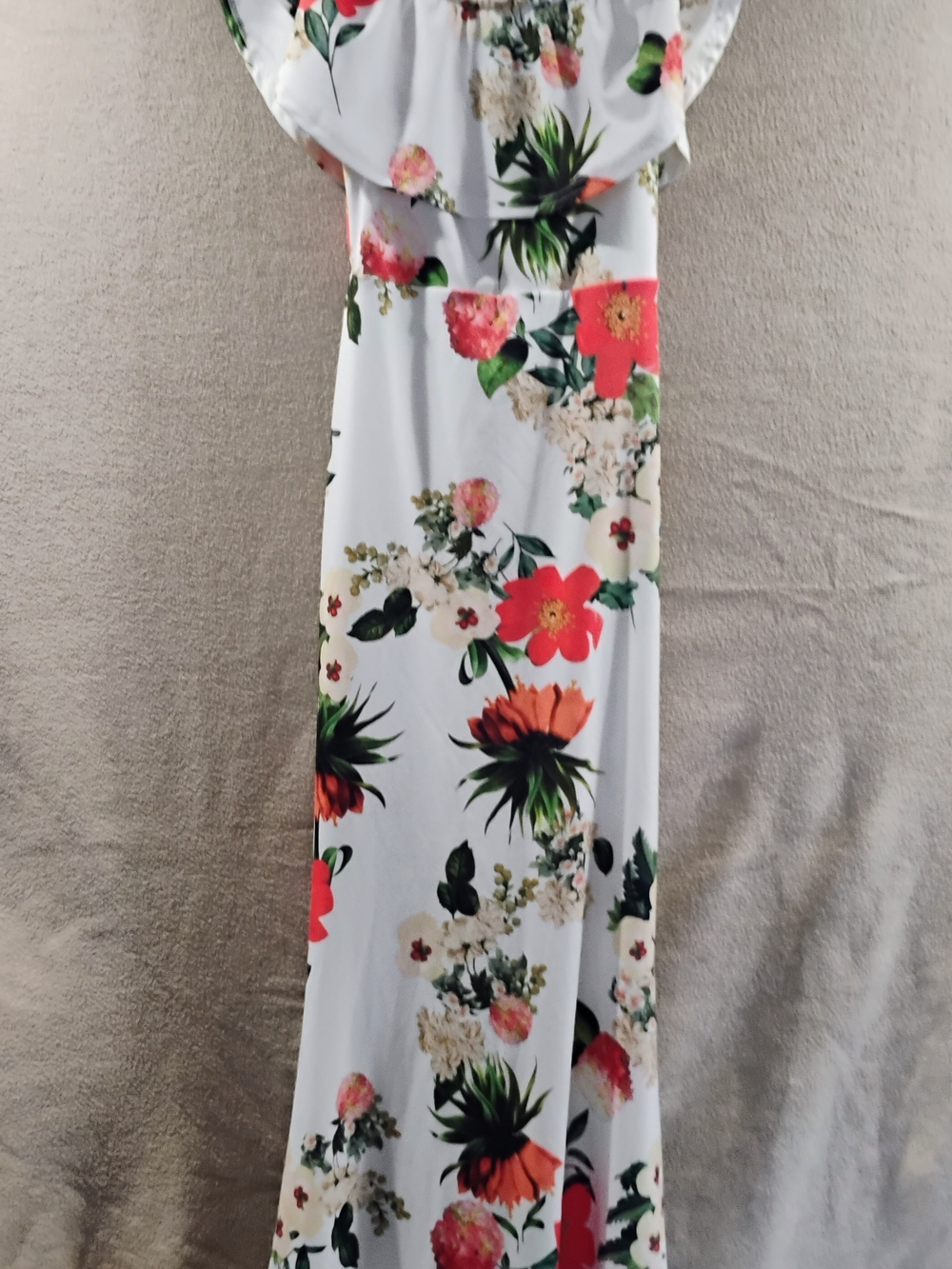 White Floral Maxi Dress with Coral & Green Print